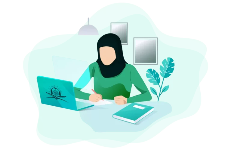 Illustration of a student taking an online Islamic Studies course for Kids, taking notes on Fiqh and Aqidah.