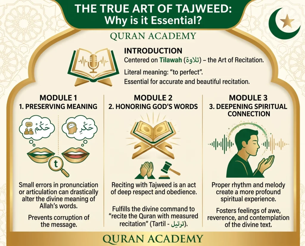 Infographic explaining the true art of Tajweed and Tilawah, highlighting why it is essential for preserving the meaning of the Quran, honoring Allah's words through Tartil, and deepening spiritual connection.