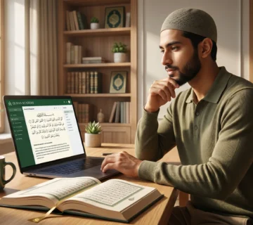 A focused Muslim man sitting at his desk, using a laptop and an open Mus'haf to deeply learn Tafsir Al-Quran online through the Quran Academy platform.