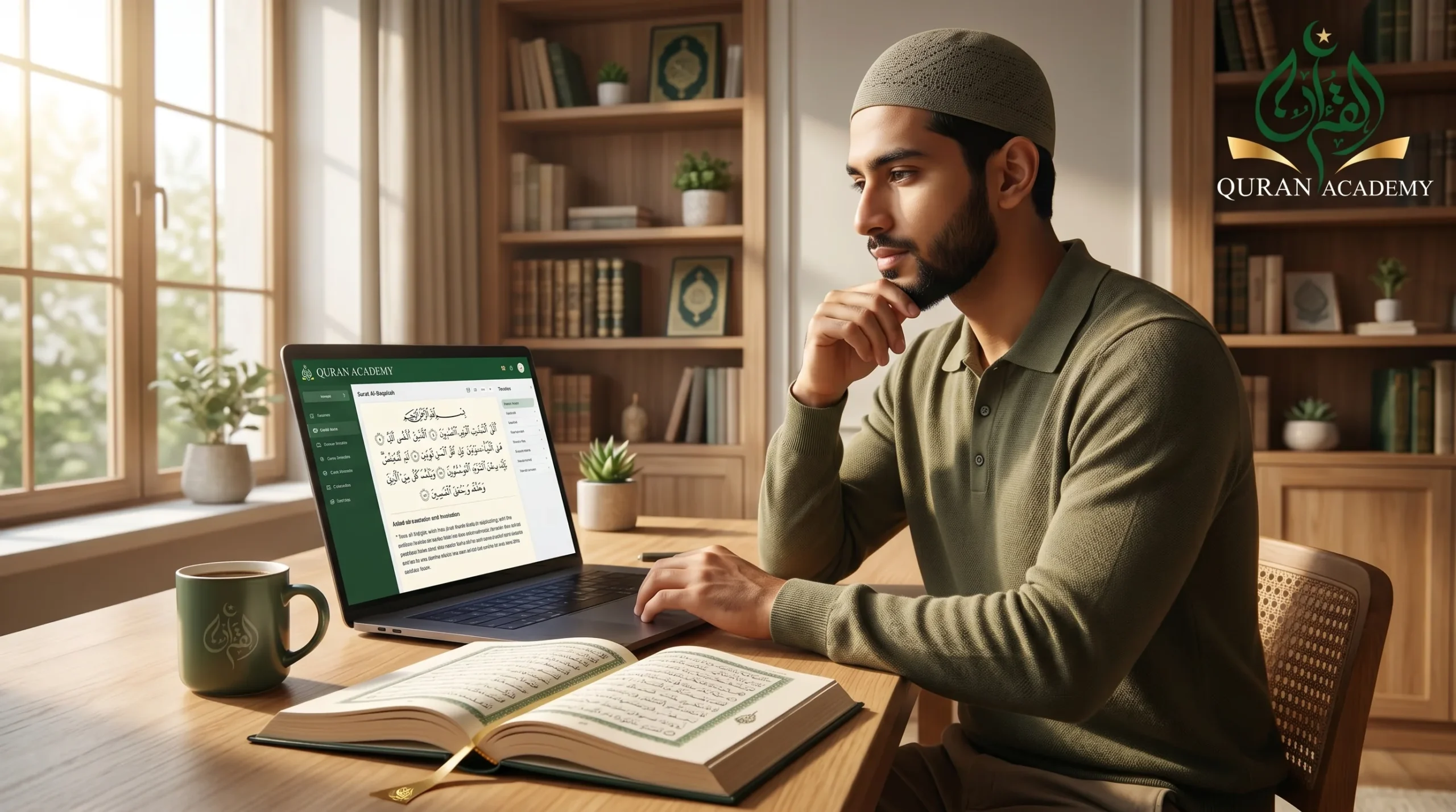 A focused Muslim man sitting at his desk, using a laptop and an open Mus'haf to deeply learn Tafsir Al-Quran online through the Quran Academy platform.