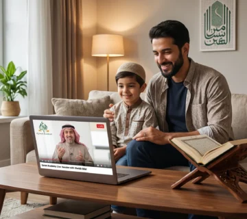 A modern Muslim father and his young son smiling while attending an interactive online quran recitation classes on their laptop, guided by a native Arab teacher from Quran Academy.