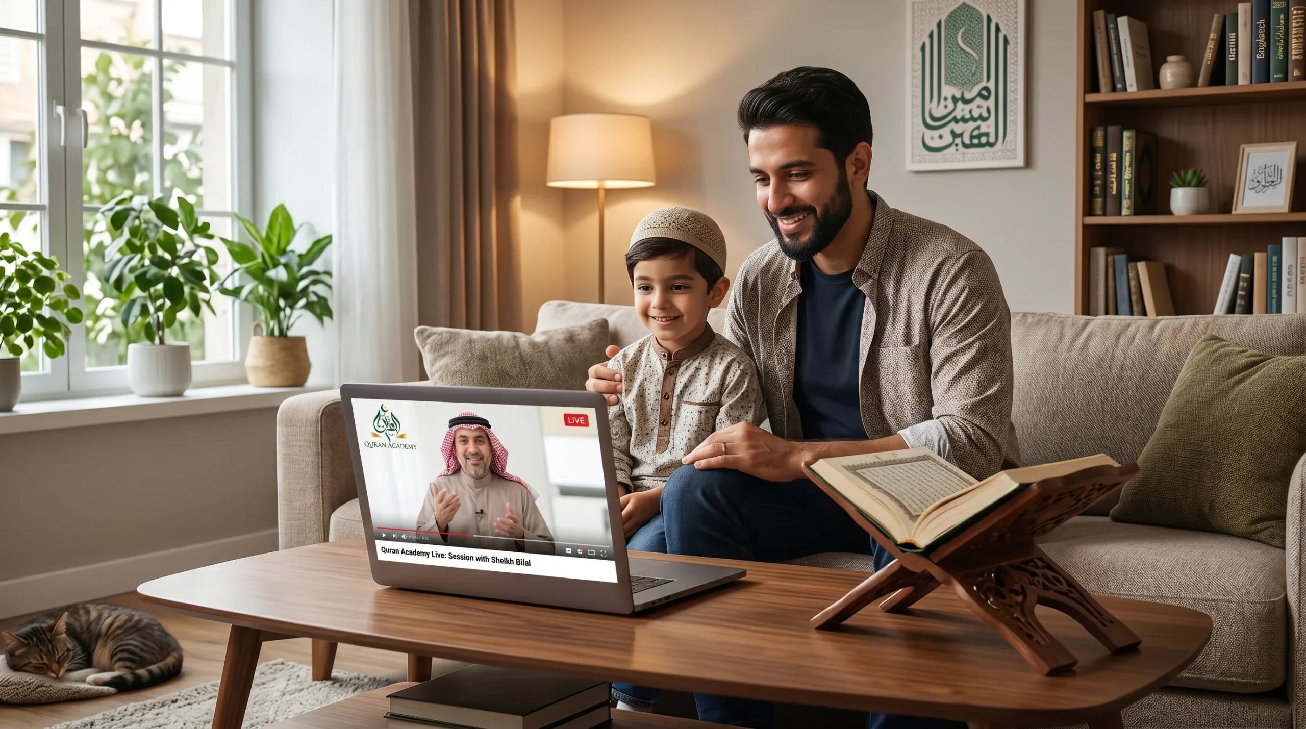 A modern Muslim father and his young son smiling while attending an interactive online quran recitation classes on their laptop, guided by a native Arab teacher from Quran Academy.