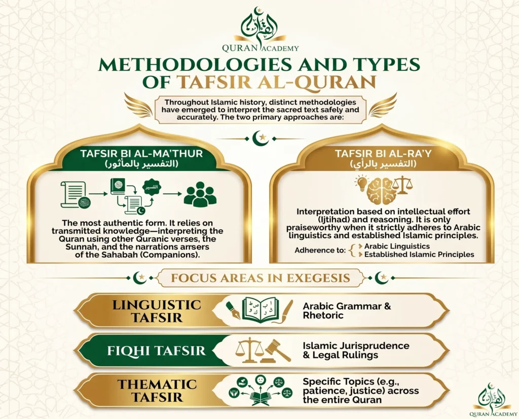 Infographic explaining the methodologies and types of Tafsir Al-Quran, including Tafsir Bi Al-Ma'thur (transmitted knowledge), Tafsir Bi Al-Ra'y (intellectual reasoning), along with Linguistic, Fiqhi, and Thematic Tafsir.