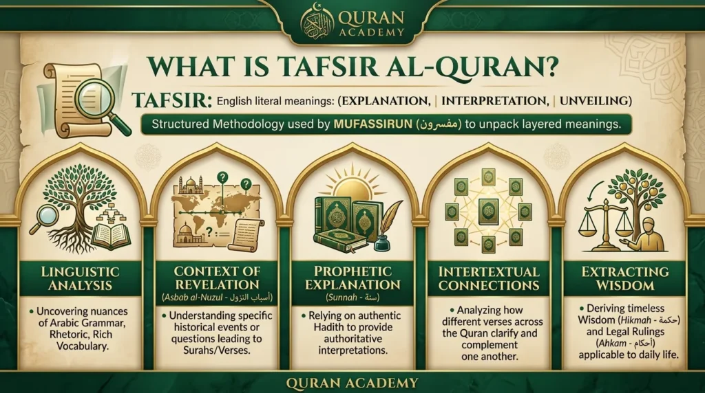 An infographic explaining What is Tafsir Al-Quran, detailing the structured methodology used by Mufassirun, including linguistic analysis, context of revelation, and prophetic explanation.