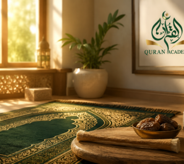 A serene morning setting featuring a prayer mat and Miswak, representing daily Sunnah habits in Islam.