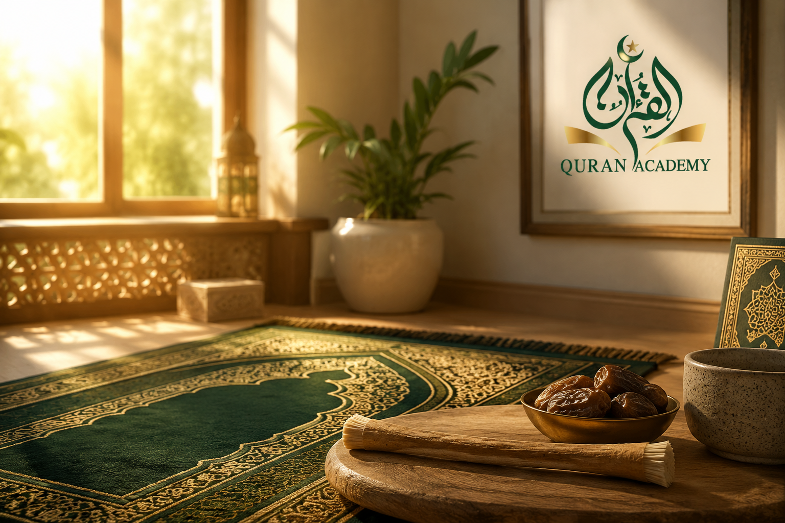A serene morning setting featuring a prayer mat and Miswak, representing daily Sunnah habits in Islam.