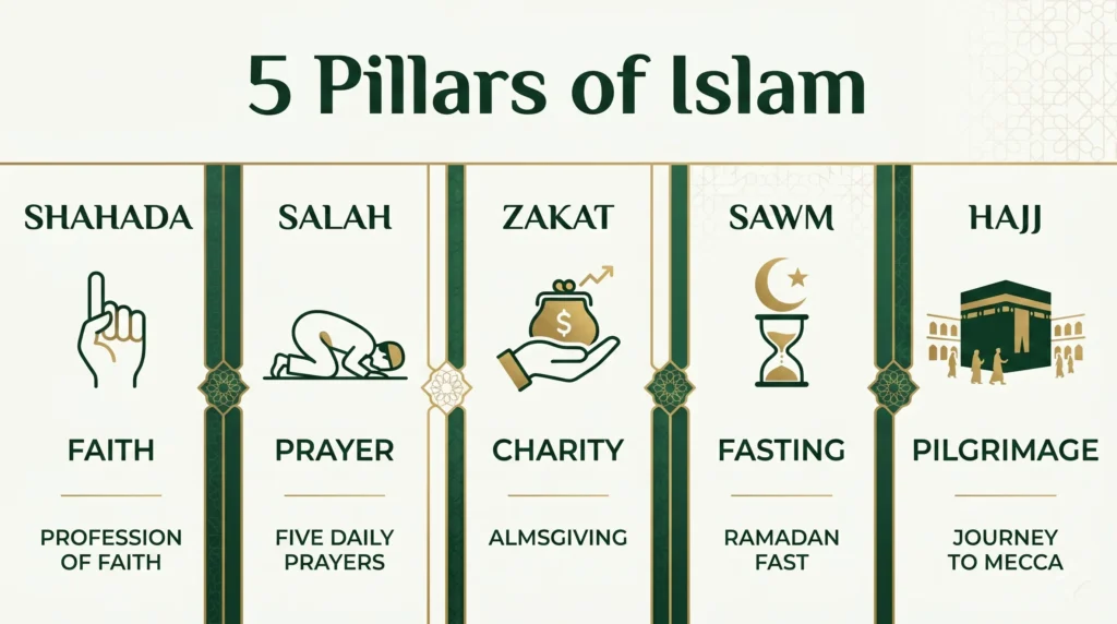 An educational infographic outlining the 5 Pillars of Islam: Shahada (Profession of Faith), Salah (Five Daily Prayers), Zakat (Almsgiving/Charity), Sawm (Ramadan Fast), and Hajj (Journey to Mecca).