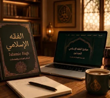 A textbook and a laptop displaying an online course on the Basics of Islamic Fiqh for Beginners, set in a cozy Islamic library