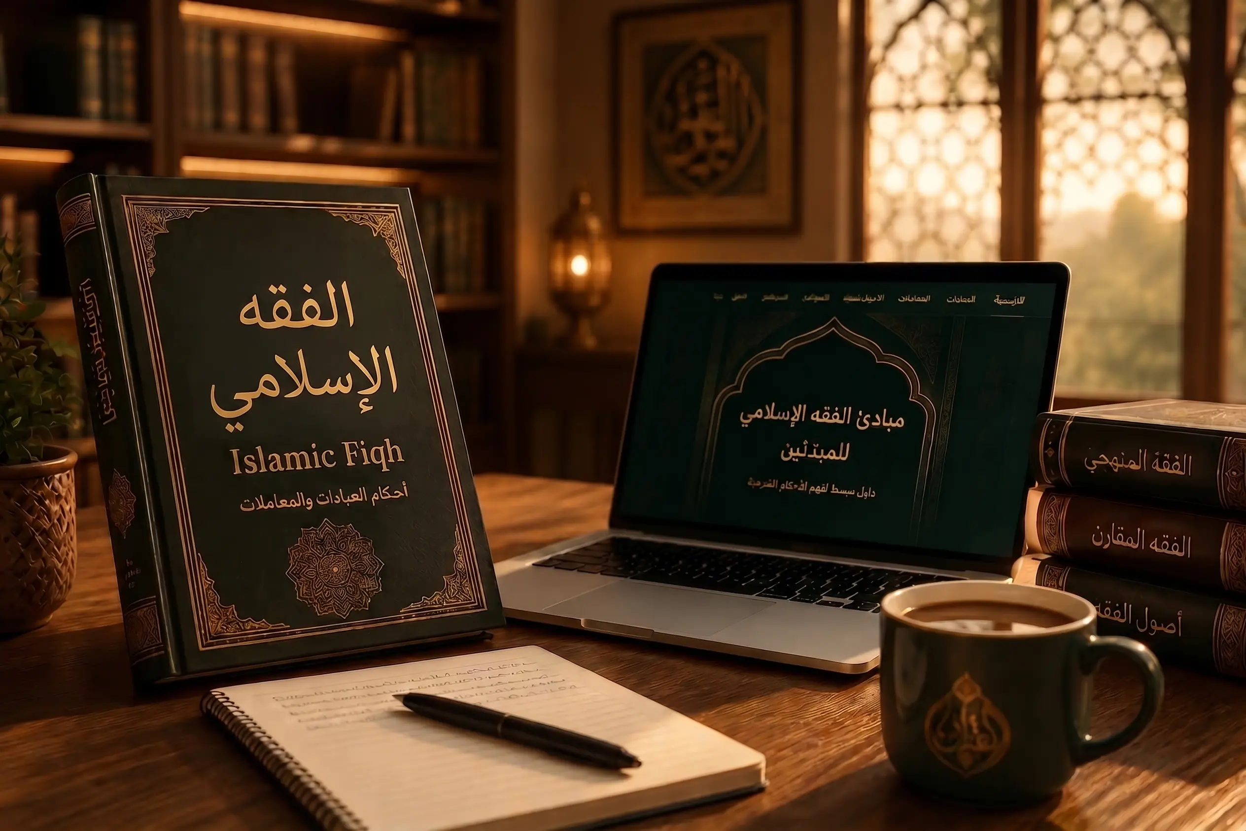 A textbook and a laptop displaying an online course on the Basics of Islamic Fiqh for Beginners, set in a cozy Islamic library