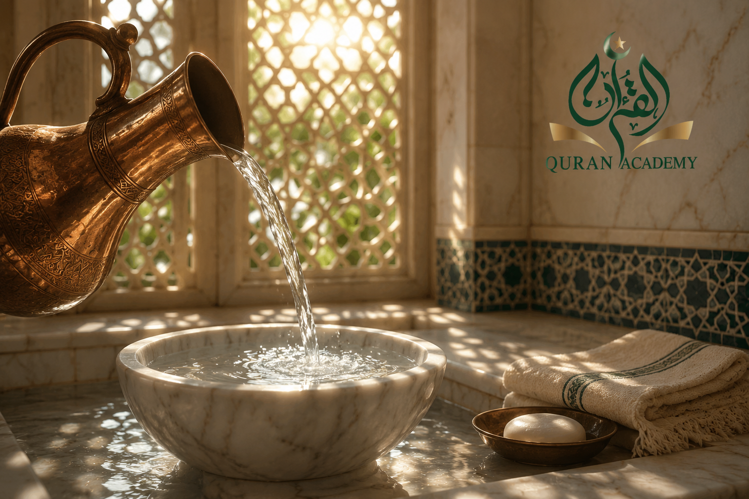 Crystal clear water pouring into a basin, representing the concept of Al-Tahara and ritual purity in Islam