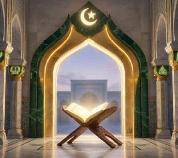 A majestic cinematic view of a grand mosque featuring six illuminated marble pillars representing Arkan Al Iman, with a glowing open Quran resting on a wooden stand in the center.