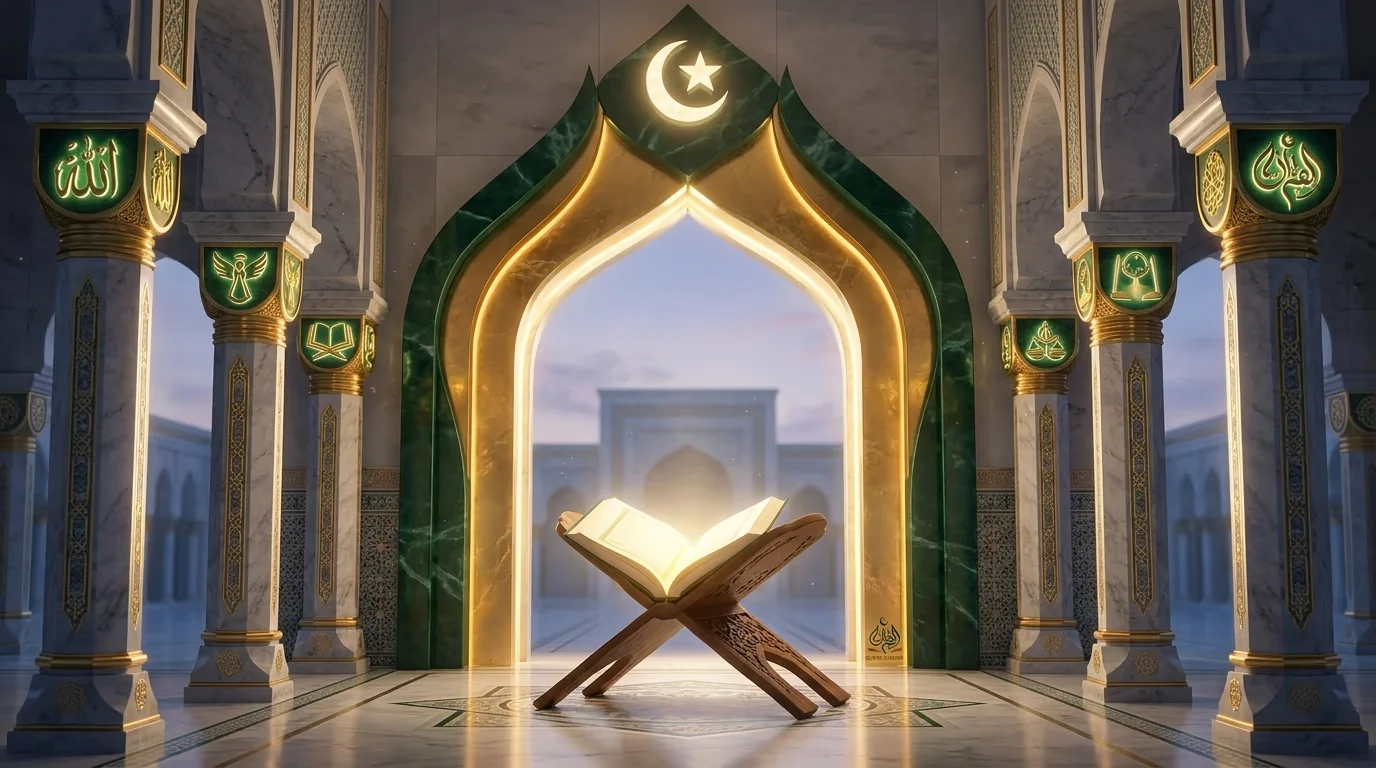 A majestic cinematic view of a grand mosque featuring six illuminated marble pillars representing Arkan Al Iman, with a glowing open Quran resting on a wooden stand in the center.