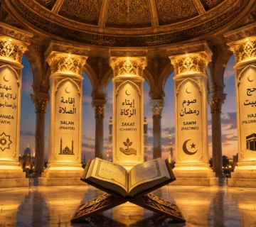 A majestic cinematic view of five glowing architectural pillars representing Arkan Al Islam (Shahada, Salah, Zakat, Sawm, Hajj) in Arabic and English, standing strongly behind an open Holy Quran at sunset.