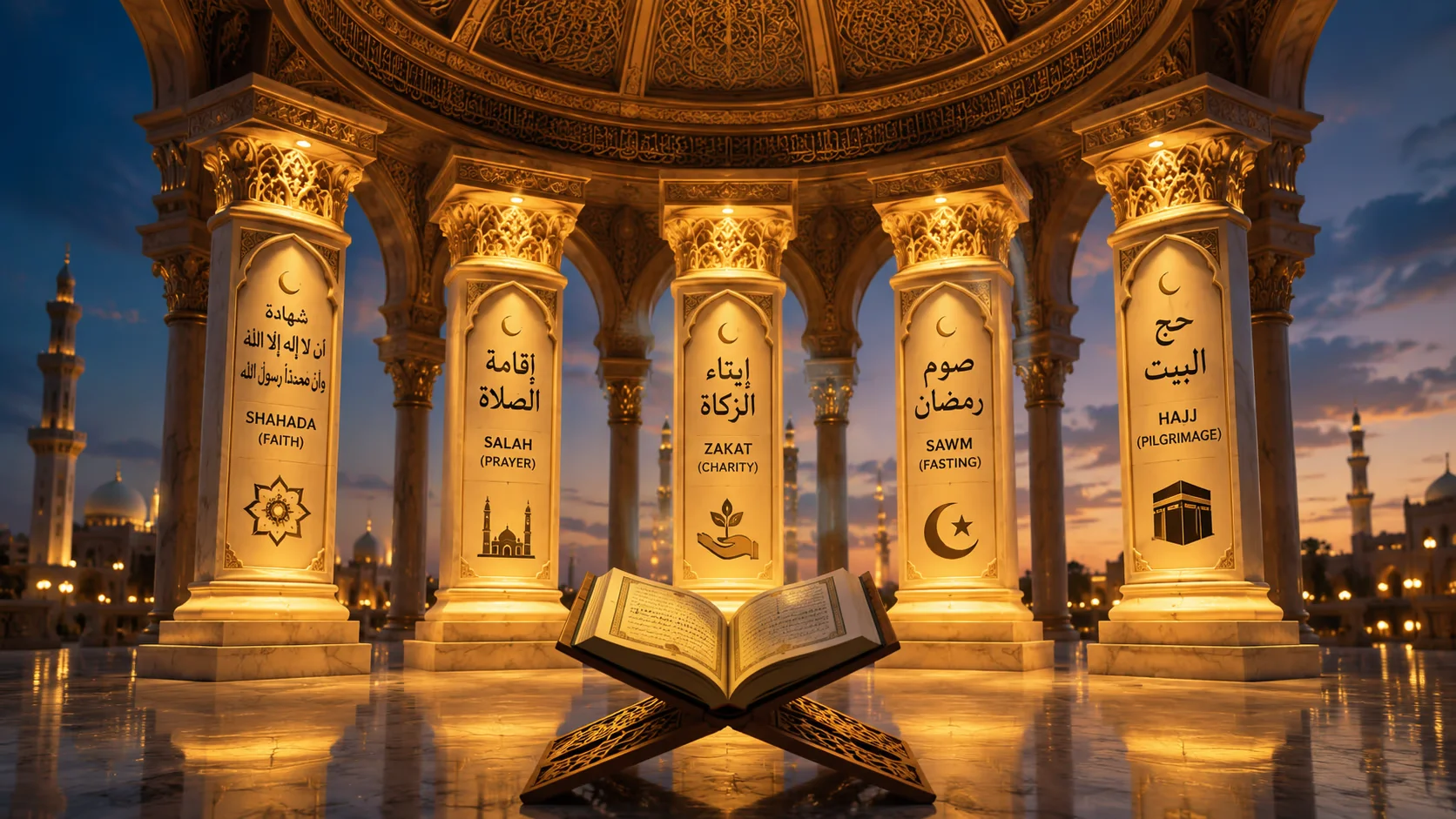A majestic cinematic view of five glowing architectural pillars representing Arkan Al Islam (Shahada, Salah, Zakat, Sawm, Hajj) in Arabic and English, standing strongly behind an open Holy Quran at sunset.