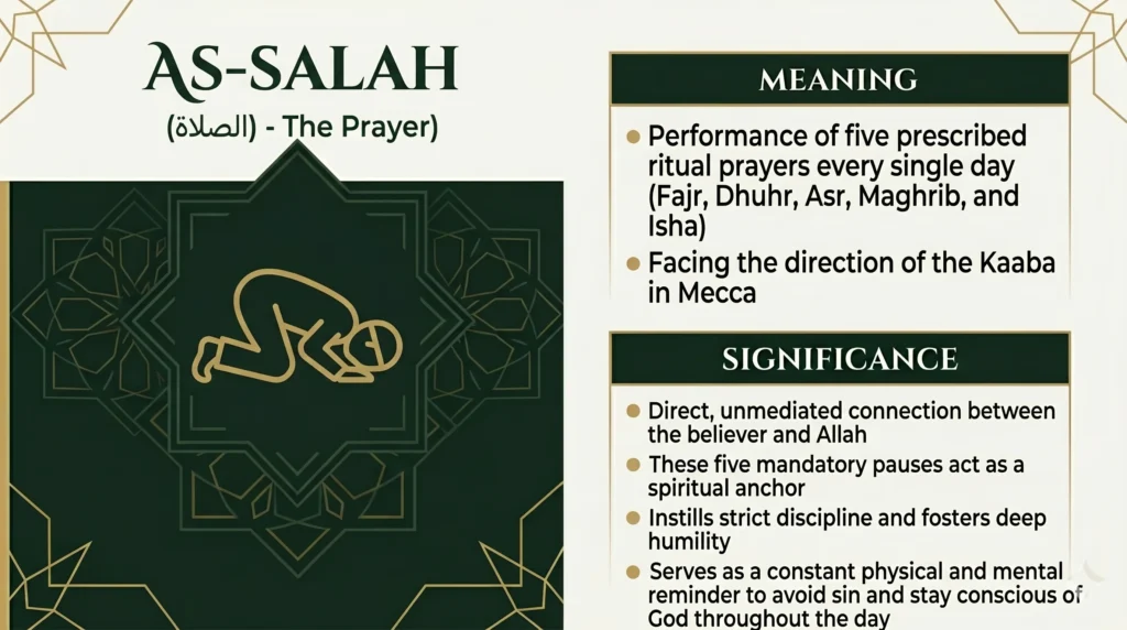 An educational infographic detailing As-Salah (The Prayer), the second pillar of Islam. It explains the meaning of the five daily prayers (Fajr, Dhuhr, Asr, Maghrib, Isha) and their significance as a direct spiritual connection with Allah.