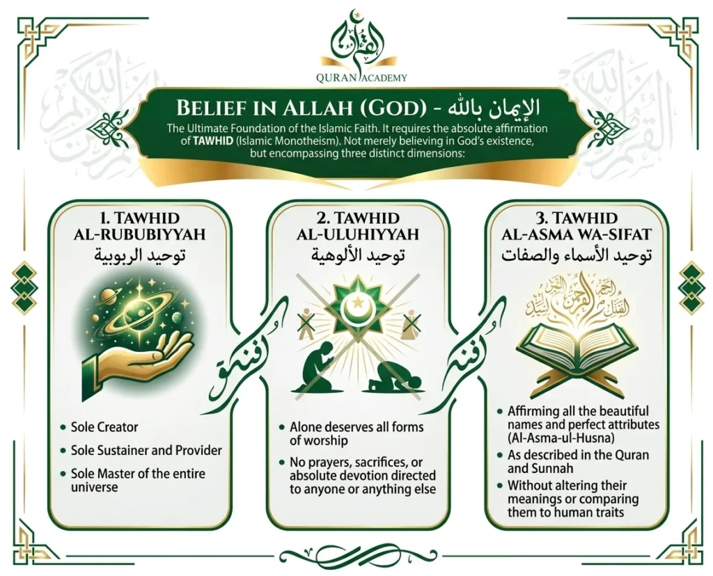 An educational infographic by Quran Academy explaining the Belief in Allah and the three dimensions of Tawhid (Islamic Monotheism): Tawhid Al-Rububiyyah, Tawhid Al-Uluhiyyah, and Tawhid Al-Asma wa-Sifat.