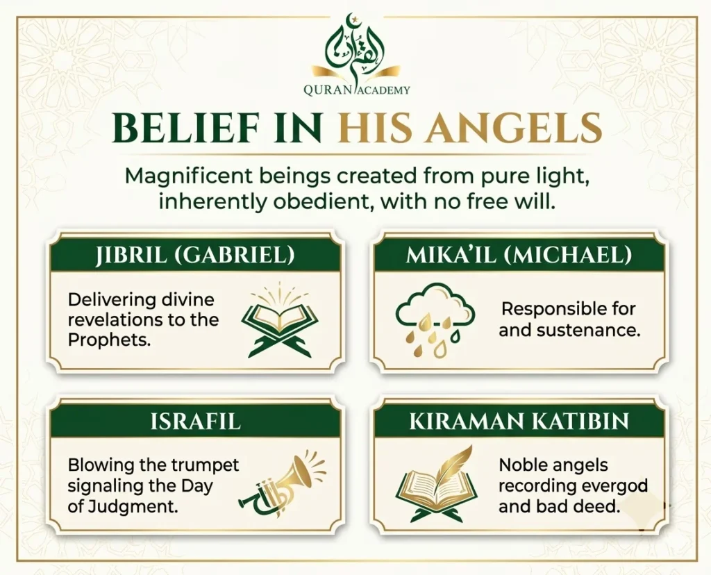 An educational infographic by Quran Academy explaining the Islamic belief in angels (Malaikah). It details the roles of Jibril (Gabriel), Mika'il (Michael), Israfil, and the Kiraman Katibin who record deeds.