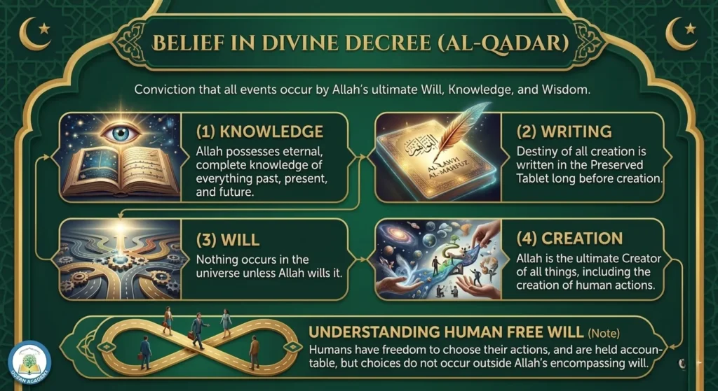An educational infographic by Quran Academy explaining the Belief in Divine Decree (Al-Qadar), detailing its 4 stages: Knowledge, Writing in Al-Lawh Al-Mahfuz, Will, and Creation, while beautifully clarifying the concept of human free will.