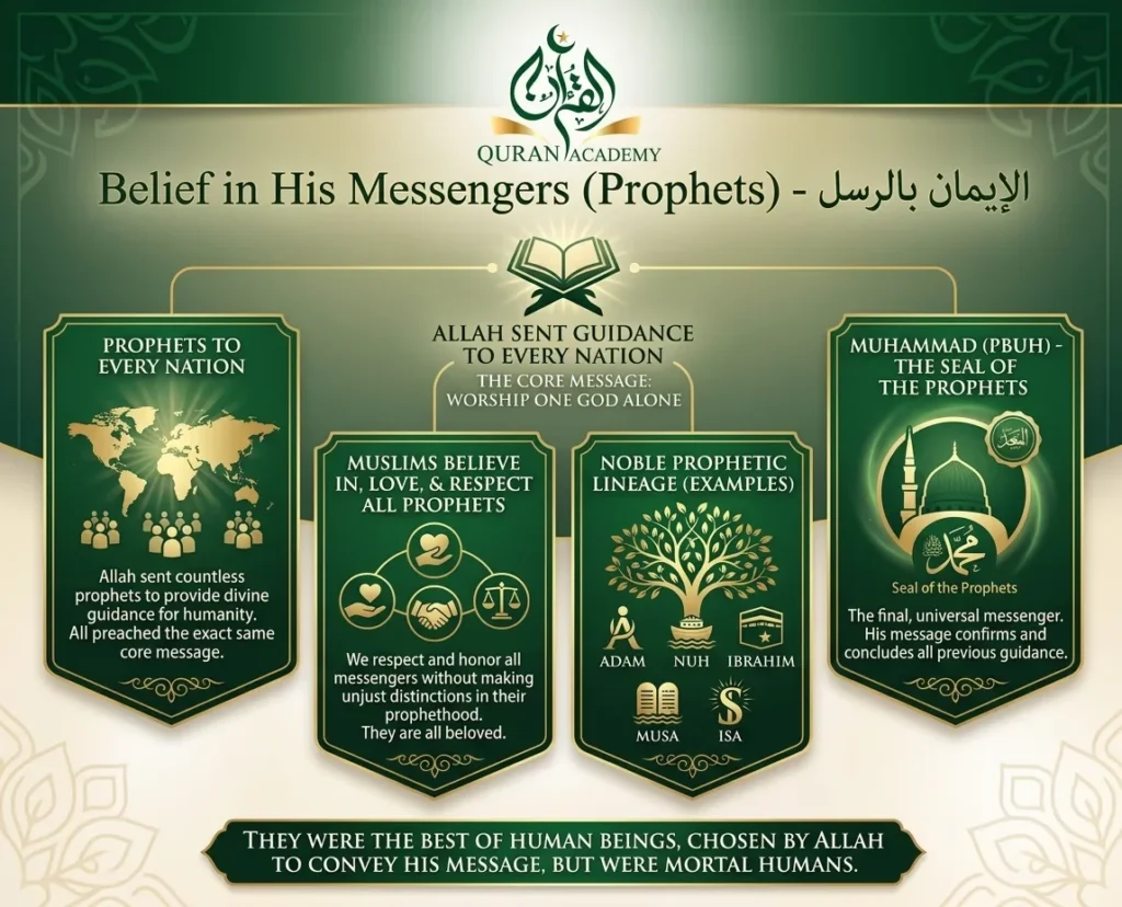 An educational infographic by Quran Academy explaining the Islamic belief in His Messengers and Prophets. It highlights that Allah sent guidance to every nation, emphasizes respect for all prophets like Adam, Nuh, Ibrahim, Musa, and Isa, and defines Prophet Muhammad as the Seal of the Prophets.