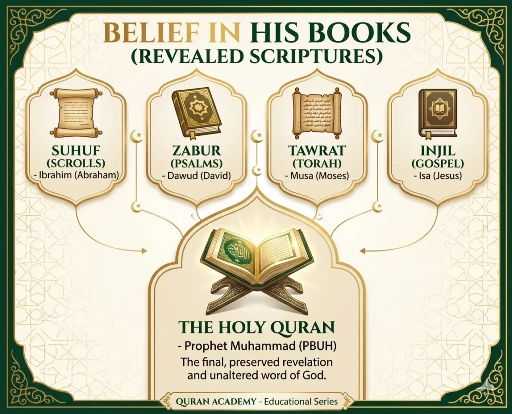 An educational infographic by Quran Academy illustrating the Islamic belief in revealed scriptures, showing Suhuf (Abraham), Zabur (David), Tawrat (Moses), Injil (Jesus), and the final preserved revelation, the Holy Quran given to Prophet Muhammad.