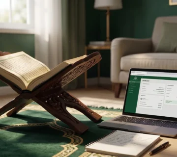 A comfortable home setup featuring an open Quran on a wooden stand next to a modern laptop and a notebook, illustrating the best methods to study Quran effectively through online classes.