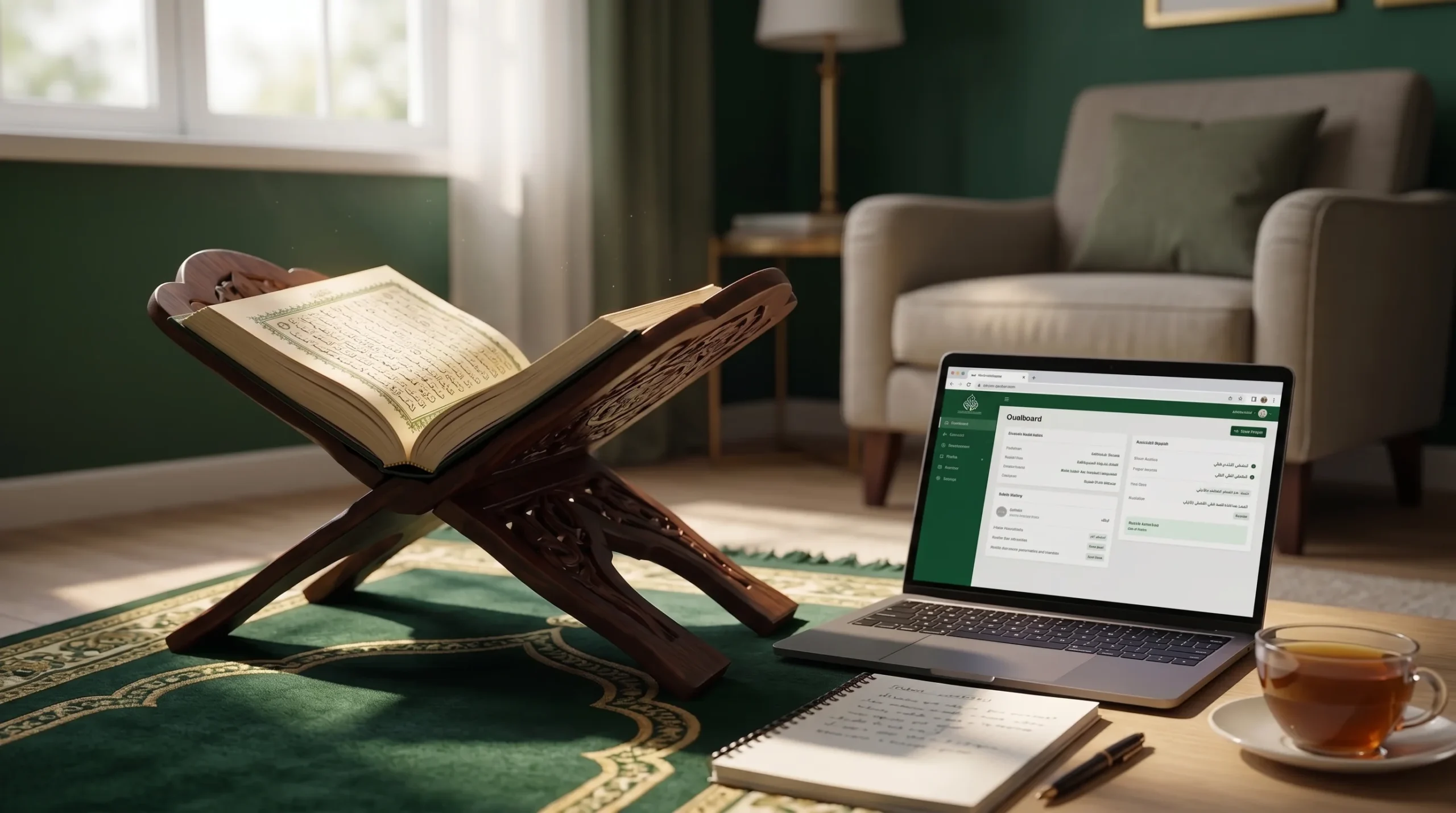 A comfortable home setup featuring an open Quran on a wooden stand next to a modern laptop and a notebook, illustrating the best methods to study Quran effectively through online classes.