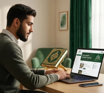 A focused Muslim student taking Best Islamic Studies Courses on a laptop, with a Holy Quran on a desk, representing online learning at Quran Academy.