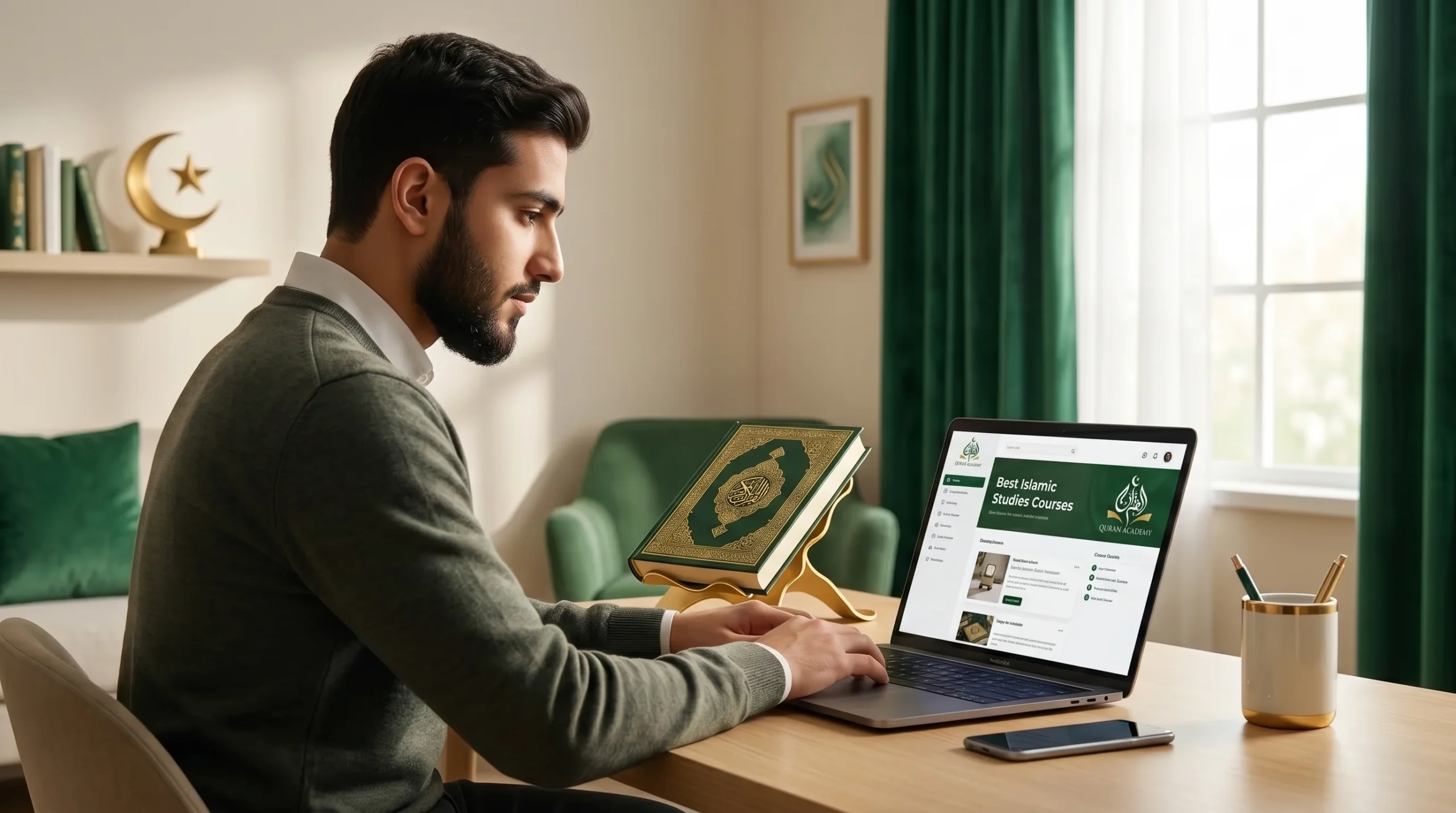 A focused Muslim student taking Best Islamic Studies Courses on a laptop, with a Holy Quran on a desk, representing online learning at Quran Academy.