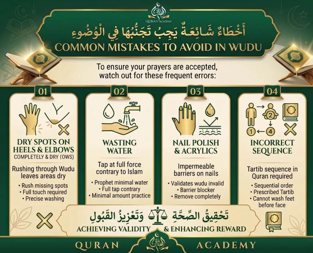 An educational infographic by Quran Academy highlighting 4 common mistakes to avoid in Wudu: leaving dry spots on heels and elbows, wasting water, wearing impermeable nail polish or acrylics, and following an incorrect sequence (Tartib).