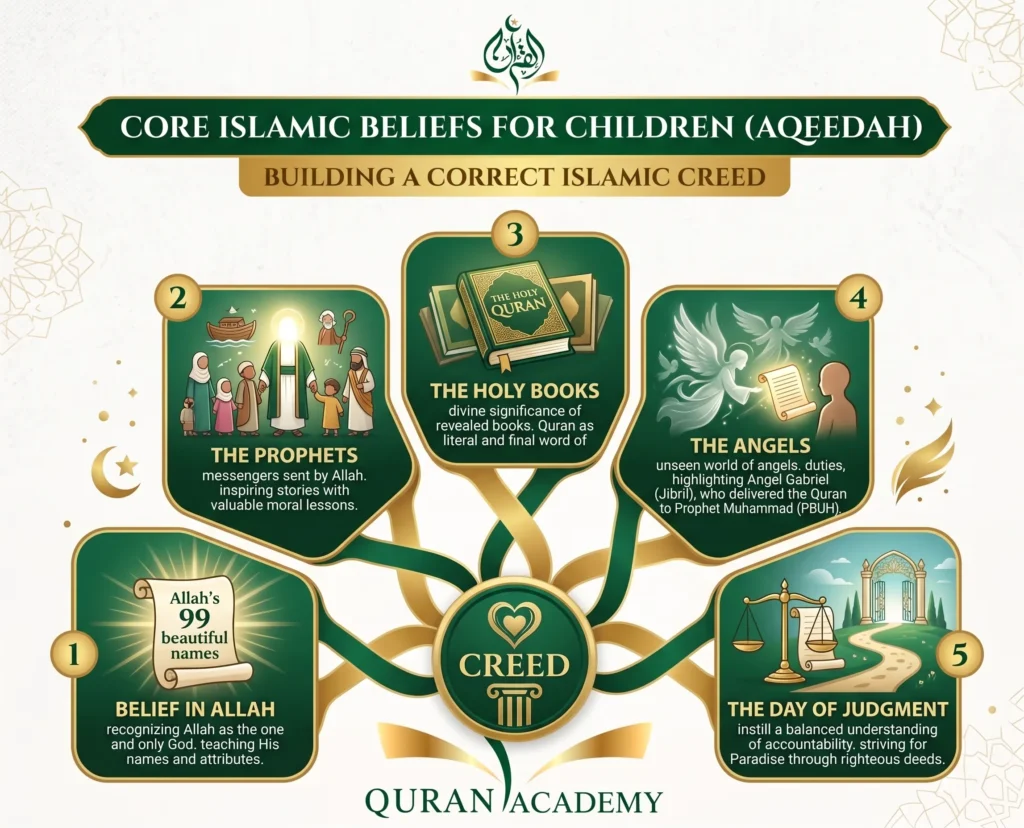 An educational infographic by Quran Academy illustrating the 5 core Islamic beliefs (Aqeedah) for children: Belief in Allah, The Prophets, The Holy Books, The Angels, and The Day of Judgment.
