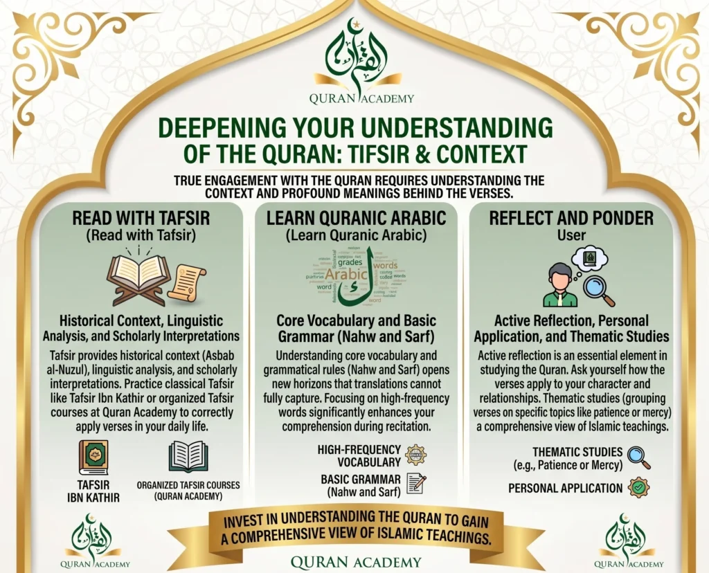 An informative infographic by Quran Academy explaining how to deepen your understanding of the Quran through classical Tafsir, learning Quranic Arabic grammar (Nahw and Sarf), and active reflection. Ideal guide for online Tafsir course students.