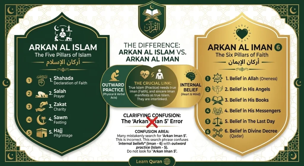 An educational infographic by Quran Academy explaining the difference between Arkan Al Islam (5 Pillars of Islam) as outward practice and Arkan Al Iman (6 Pillars of Faith) as internal belief, while clarifying the common Arkan Iman 5 search error.