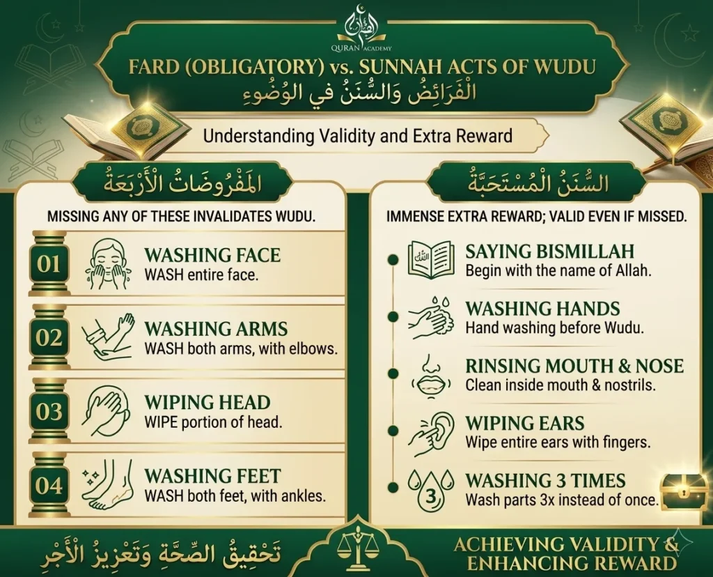 An educational infographic by Quran Academy explaining the difference between Fard (obligatory) and Sunnah (recommended) acts of Wudu, detailing the 4 mandatory steps for validity and the extra Sunnah acts for immense reward.