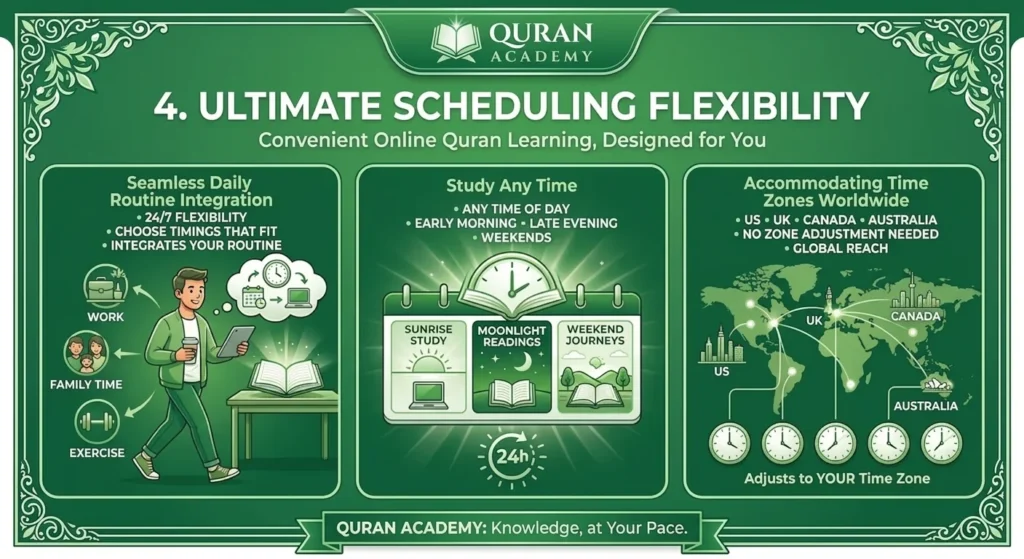 Green infographic by Quran Academy illustrating "Ultimate Scheduling Flexibility" for online Quran learning. It highlights three main benefits: seamless daily routine integration (balancing work, family, and exercise with 24/7 flexibility), studying at any time (sunrise, late evening, or weekends), and accommodating worldwide time zones automatically for students in the US, UK, Canada, and Australia without needing time adjustments.