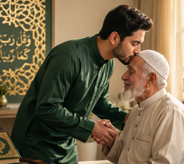 A young Muslim son respectfully kissing his elderly father's forehead, illustrating the concept of honoring parents in Islam: tips and benefits for a blessed family life