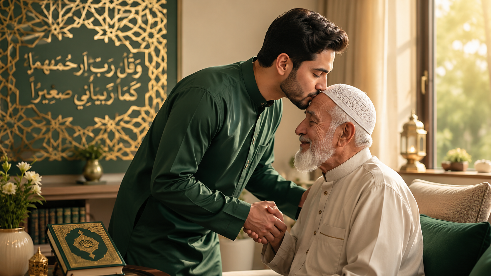 A young Muslim son respectfully kissing his elderly father's forehead, illustrating the concept of honoring parents in Islam: tips and benefits for a blessed family life