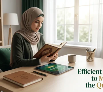 A dedicated Muslim student sitting at a well-lit desk, reading a physical Mushaf and using digital tools to learn how to memorize Quran fast and effectively at home.