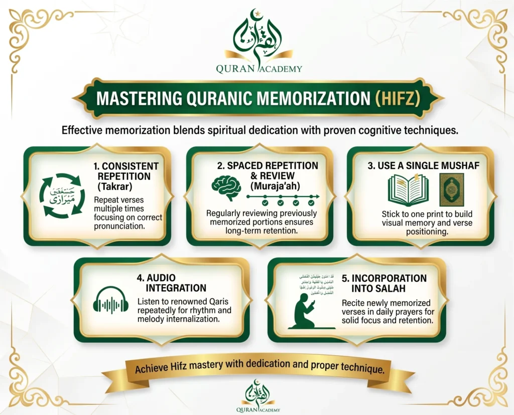 An educational infographic by Quran Academy illustrating 5 proven techniques for mastering Quranic memorization (Hifz). It includes consistent repetition (Takrar), spaced review (Muraja'ah), using a single Mushaf, audio integration, and reciting in daily Salah.
