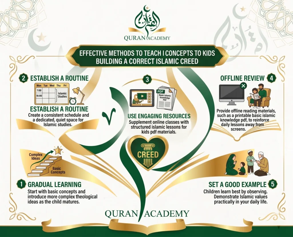 An educational infographic by Quran Academy detailing 5 effective methods to teach Islamic concepts and build a correct Islamic creed in kids. It highlights gradual learning, establishing a routine, setting a good example, and using offline engaging resources like printable basic Islamic knowledge PDF materials.