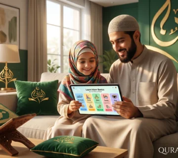 A happy Muslim father sitting with his young daughter on a couch, using an interactive tablet for introducing Islam basics to children in a warm and modern home environment.