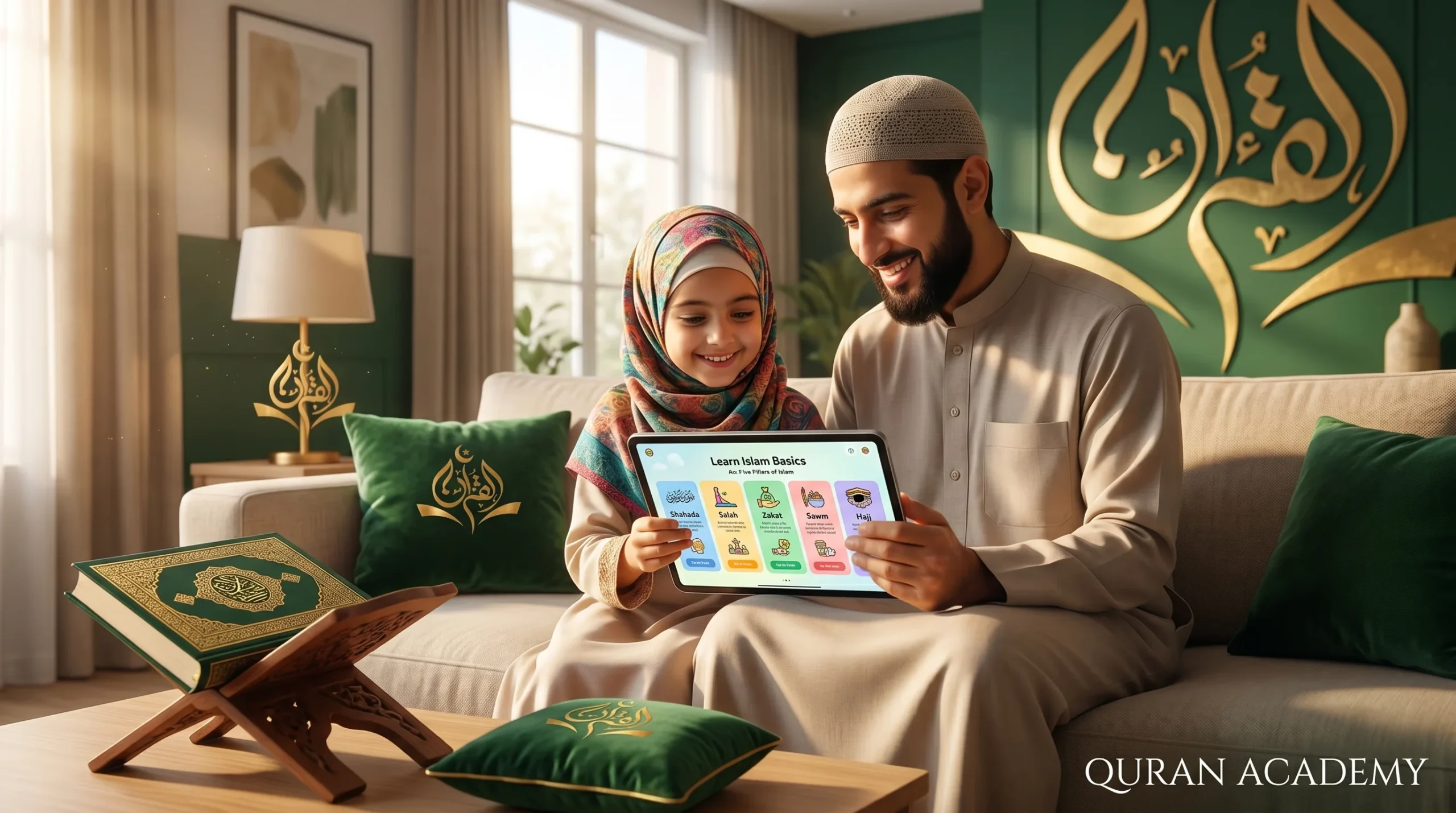 A happy Muslim father sitting with his young daughter on a couch, using an interactive tablet for introducing Islam basics to children in a warm and modern home environment.