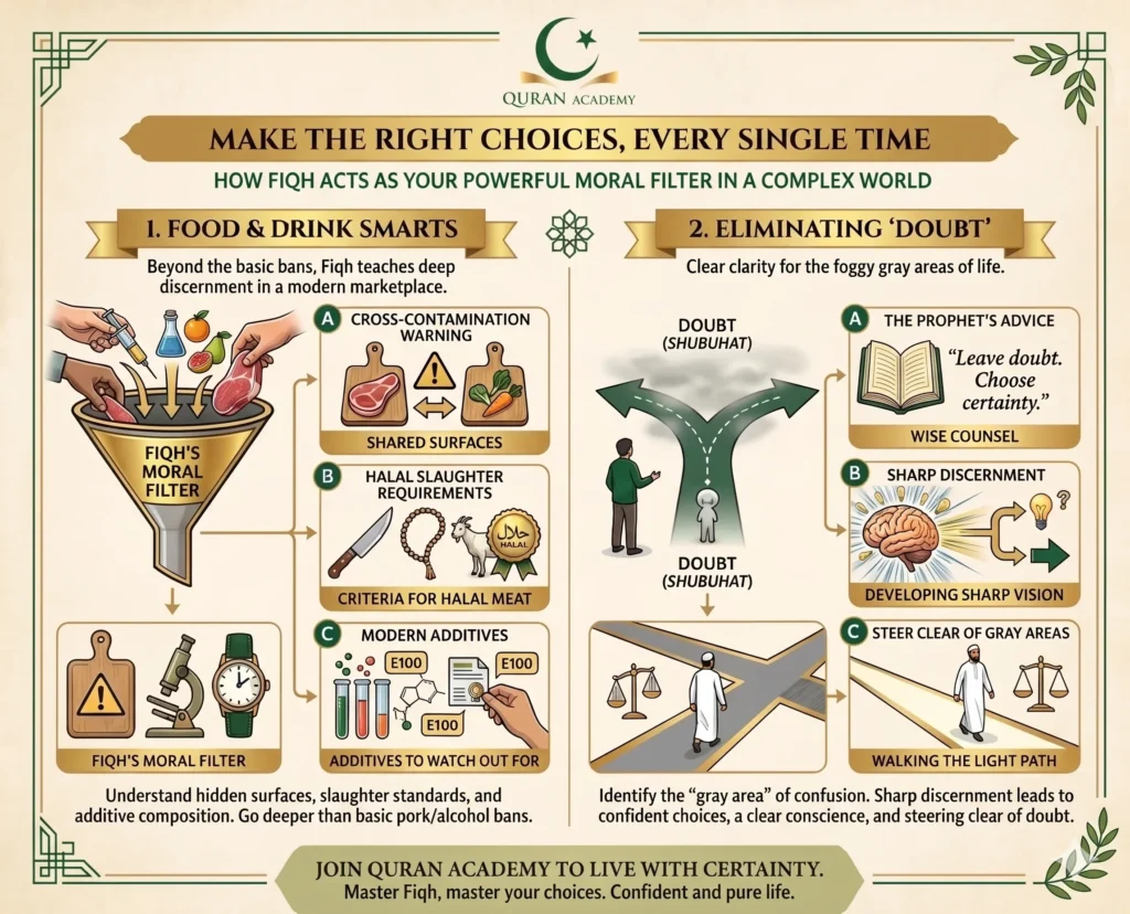 A detailed infographic by Quran Academy explaining how Islamic Fiqh acts as a powerful moral filter in a complex world. The left side, "Food & Drink Smarts," illustrates Halal dietary laws, including cross-contamination, Halal slaughter requirements, and identifying modern additives. The right side, "Eliminating Doubt (Shubuhat)," shows a person at a crossroads, emphasizing the Prophet's advice to leave doubt for certainty, develop sharp discernment, and steer clear of gray areas.