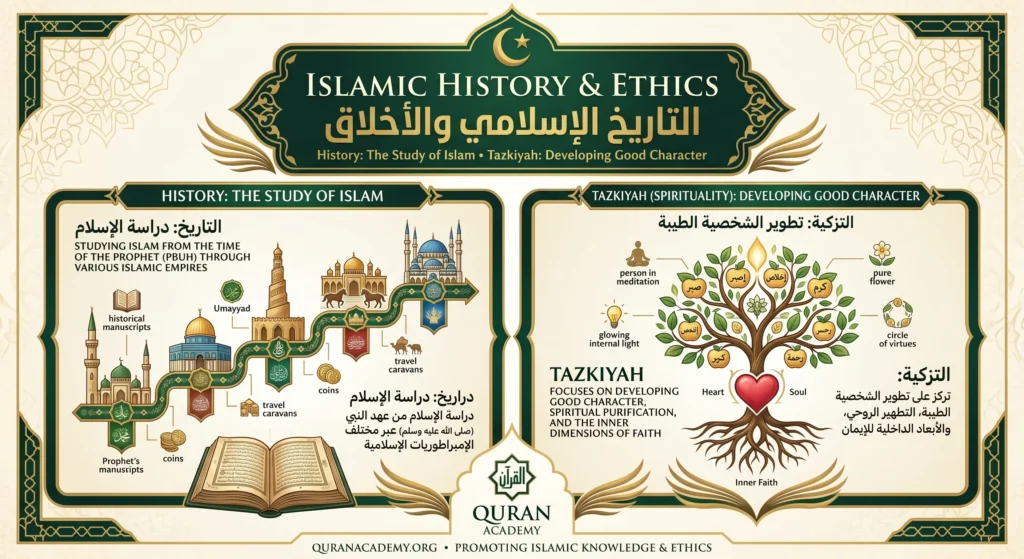 Educational infographic by Quran Academy explaining Islamic History from the time of the Prophet, alongside Tazkiyah (spirituality) for developing good character and purifying the heart.