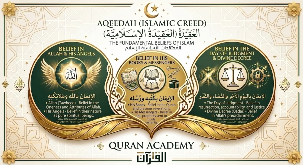 Educational infographic by Quran Academy explaining Aqeedah (Islamic Creed) and the fundamental beliefs of Islam: belief in Allah (Tawheed), Angels, Divine Books, Messengers, the Day of Judgment, and Divine Decree (Qadar).