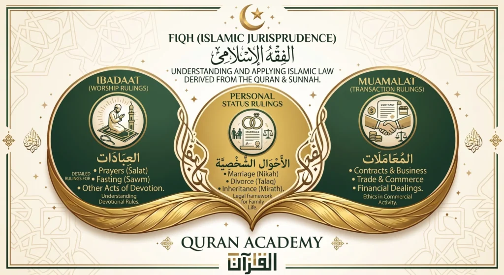 Educational infographic by Quran Academy explaining Fiqh (Islamic Jurisprudence), covering its main branches: Ibadaat (worship rulings), Personal Status (family law), and Muamalat (business and transaction rulings).