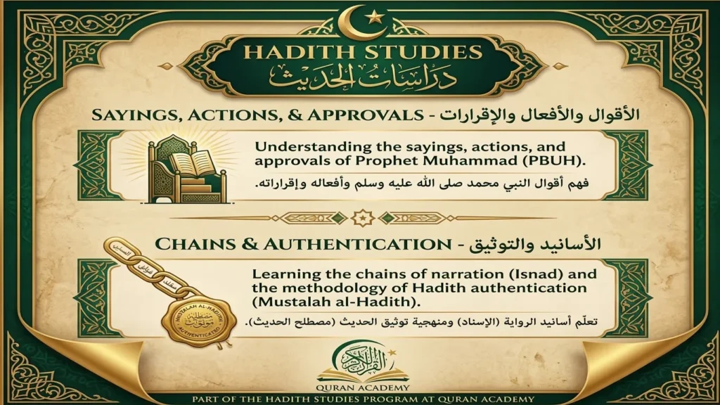 Educational infographic by Quran Academy outlining Hadith Studies, focusing on the sayings and actions of Prophet Muhammad (PBUH), alongside chains of narration (Isnad) and authentication methodology (Mustalah al-Hadith).