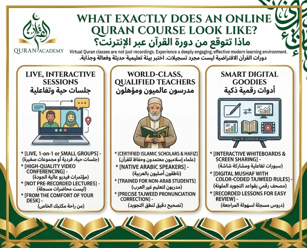 Quran Academy infographic explaining 'What Exactly Does an Online Quran Course Look Like?' covering three main sections: Live, Interactive Sessions (high-quality video conferencing), World-Class, Qualified Teachers (certified native scholars and hafiz), and Smart Digital Goodies (digital mushaf with color-coded Tajweed rules). The official logo features Arabic script for 'Al-Quran', a crescent and star, and a gold mushaf, with a decorative green and gold design and a base of open mushafs.