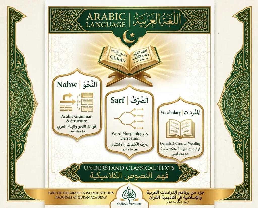Educational infographic by Quran Academy explaining the core components of learning the Arabic language to understand the Quran, including Nahw (Grammar), Sarf (Morphology), and Quranic Vocabulary.