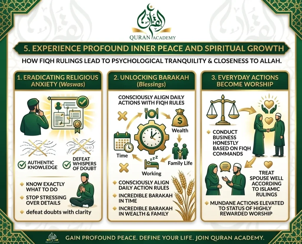 A premium green and gold infographic by Quran Academy titled "QURAN ACADEMY - MODERN ONLINE QURAN EDUCATION". It poses the contrast: "IS YOUR TEACHER JUST READING WITH YOU? OR ARE THEY SHAPING YOUR CHARACTER?" The infographic features two columns with illustrations. The left column, "Character Building Smarts" ( تربية شخصية), covers "LIVING THE QURAN", "CHARACTER DEVELOPMENT & INTEGRITY (AKHLAQ)", and "INTEGRATING QURANIC ETHICS INTO DAILY LIFE". The right column, "Advanced Tajweed Mastery" (إتقان التجويد المتقدم), covers "PERFECTING ARTICULATION & INTONATION RULES", "IN-DEPTH STUDY OF 'MAKHARIJ' & 'SIFAT'", and "MASTERING THE INTRICACIES OF COMPASSIONATE RECITATION". The bottom banner reads "DEEPEN YOUR SPIRITUAL CONNECTION AT QURAN ACADEMY". Features ornate Islamic-inspired borders, open Qurans, and a mosque dome.