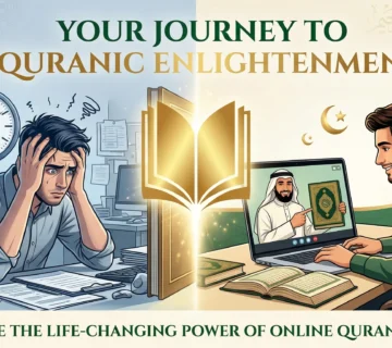 A before-and-after illustration showing a stressed man finding peace as a student experiencing how an online Quran course can transform your life, learning directly from a qualified Arab tutor.